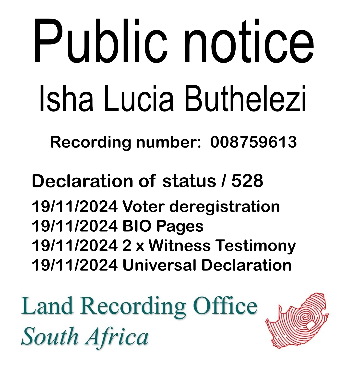 Public notice Isha Lucia Buthelezi Recording number 008759613